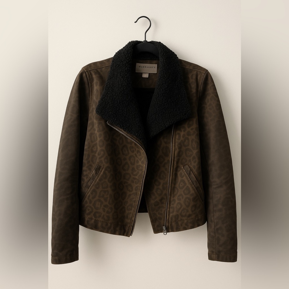 Marrakech Leopard  Print Moto Jacket with detachable Sherpa Collar Size Large